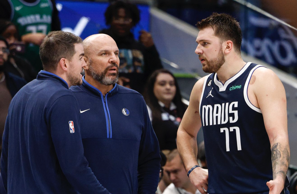Greg St. Jean ’13 (left) with Dallas Mavericks Head Coach Jason Kidd (center) and star guard Luka Dončić (right). St. Jean was named assistant coach of the Phoenix Suns for the 2023-24 season. (Photo courtesy of the Dallas Mavericks)
