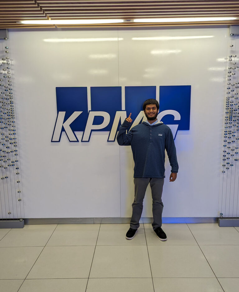 Mohammad Hasib ’24 at the KPMG office in Philadelphia. Hasib interned with the firm for a second time this past summer, working in cloud engineering and cybersecurity. Photo courtesy of Mohammad Hasib ’24.