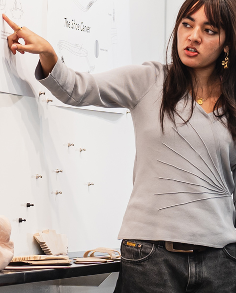 Aniya Akhtar ’24 studied the physiology of the human foot to inform the design of her salt block shaving tool that attaches to shoes.