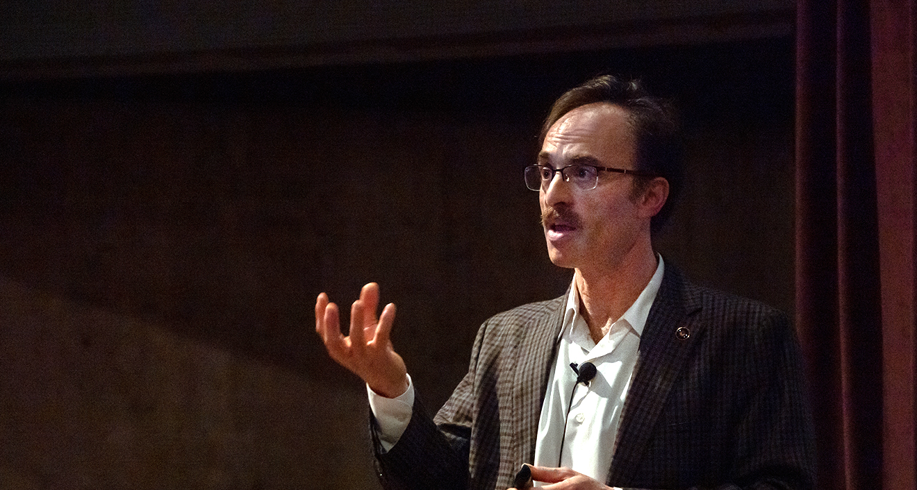 Doeleman gestures during a lecture titled “How to Photograph a Black Hole” at Wesleyan University.